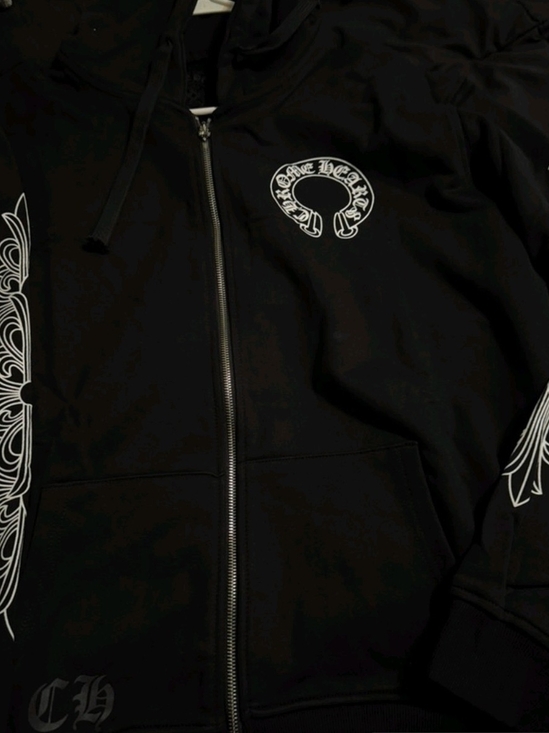 Chrome Hearts Jackets & Blazers - Chrome Hearts Black Zip-Up Hoodie with White Graphic